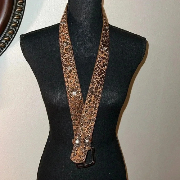 Women’s Animal Print Vegan Leather Belt Silver Buckle Rhinestone Stones Studs - Picture 2 of 16